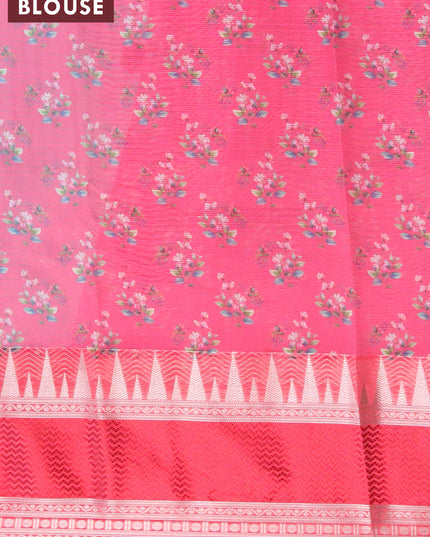 Banarasi kota saree light blue and red with floral digital prints and temple design rettapet zari woven border