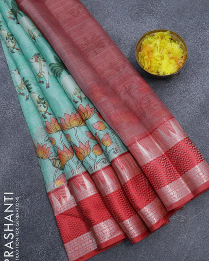 Banarasi kota saree teal green and maroon with pichwai digital prints & zari stripes pattern and temple design rettapet silver zari woven border