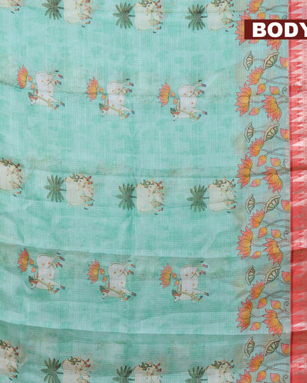 Banarasi kota saree teal green and maroon with pichwai digital prints & zari stripes pattern and temple design rettapet silver zari woven border