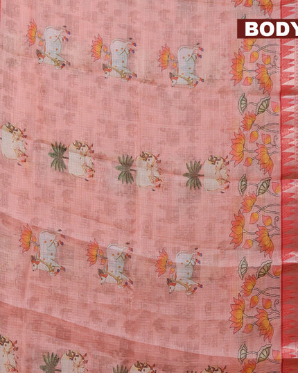 Banarasi kota saree peach orange and red with pichwai digital prints & zari stripes pattern and temple design rettapet silver zari woven border