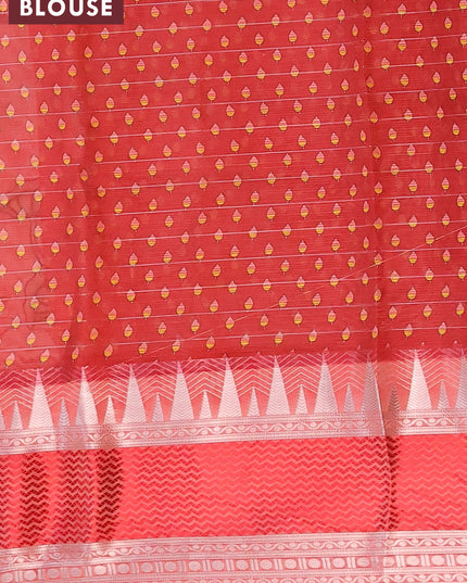 Banarasi kota saree peach orange and red with pichwai digital prints & zari stripes pattern and temple design rettapet silver zari woven border