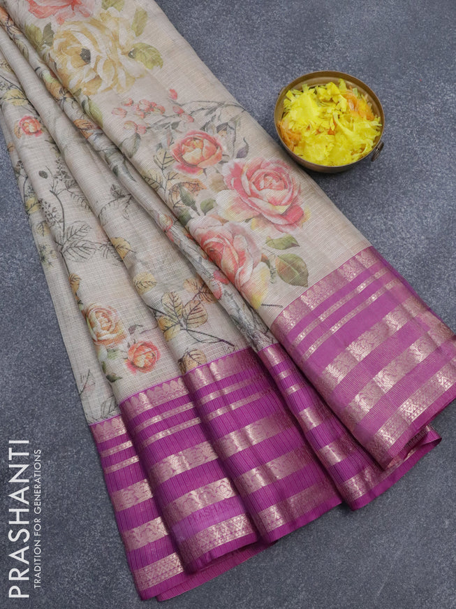 Banarasi kota saree beige and purple with allover pichwai prints and zari woven border