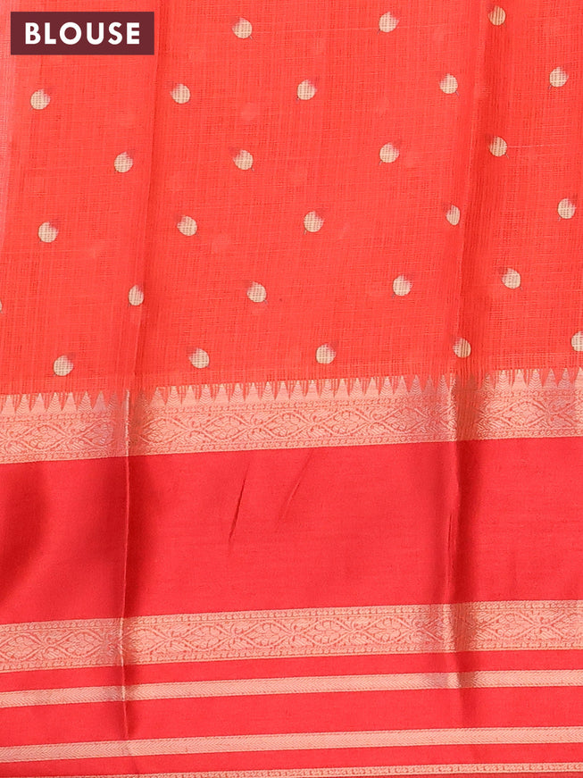 Banarasi kota saree peach orange and red with allover pichwai prints and temple design rettapet zari woven border