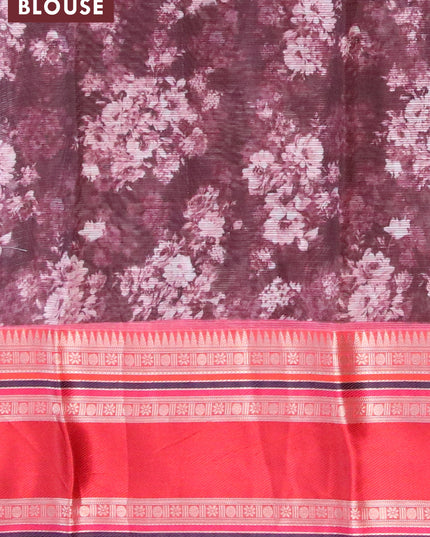 Banarasi kota saree dark brown and red with floral digital prints and temple design rettapet zari woven border