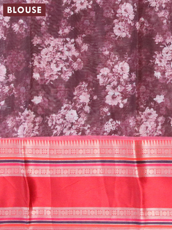 Banarasi kota saree dark brown and red with floral digital prints and temple design rettapet zari woven border