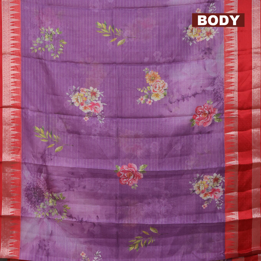 Banarasi kota saree violet and red with floral digital prints & silver zari stripes pattern and temple design rettapet silver zari woven border