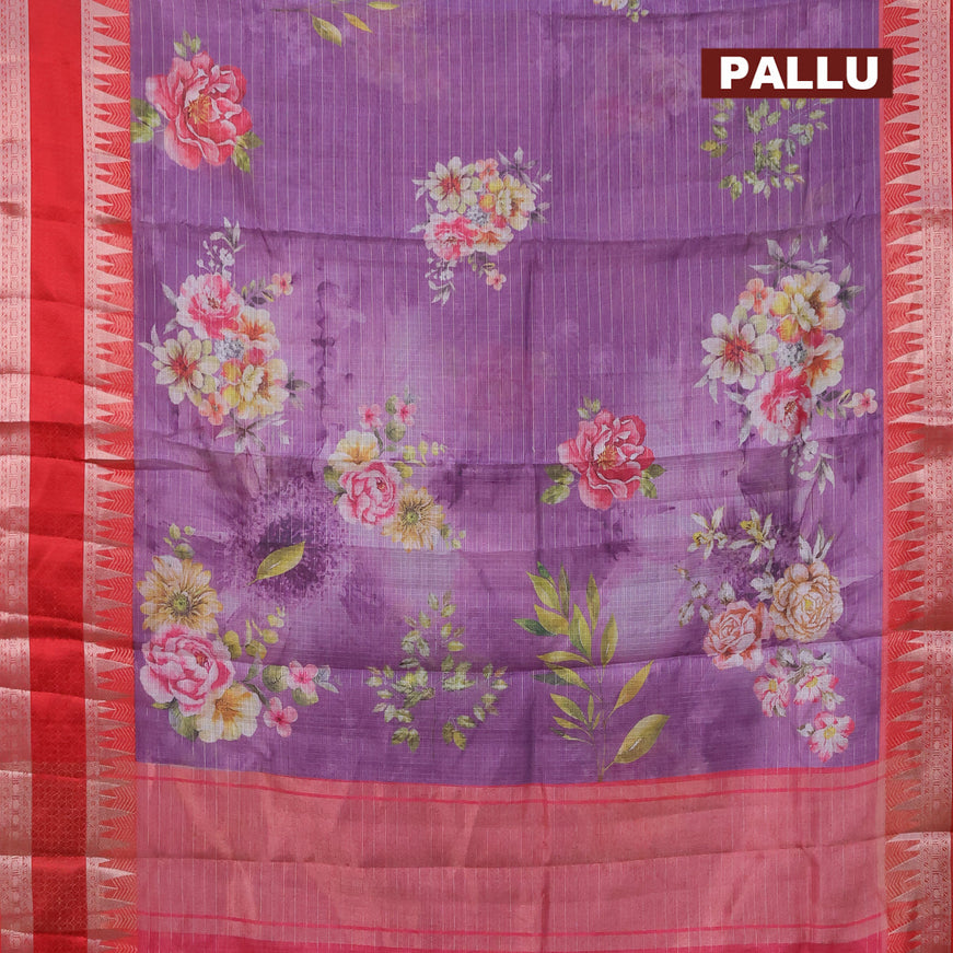 Banarasi kota saree violet and red with floral digital prints & silver zari stripes pattern and temple design rettapet silver zari woven border
