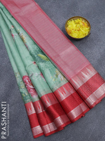 Banarasi kota saree teal green and red with floral digital prints & silver zari stripes pattern and temple design rettapet silver zari woven border