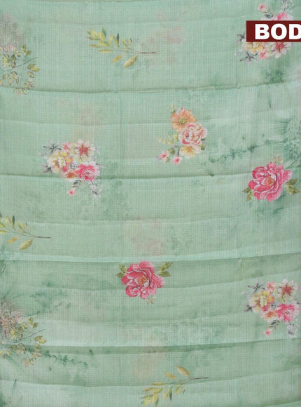 Banarasi kota saree teal green and red with floral digital prints & silver zari stripes pattern and temple design rettapet silver zari woven border