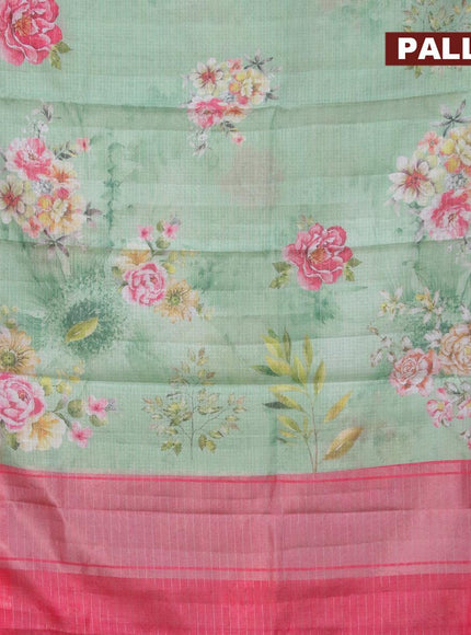 Banarasi kota saree teal green and red with floral digital prints & silver zari stripes pattern and temple design rettapet silver zari woven border