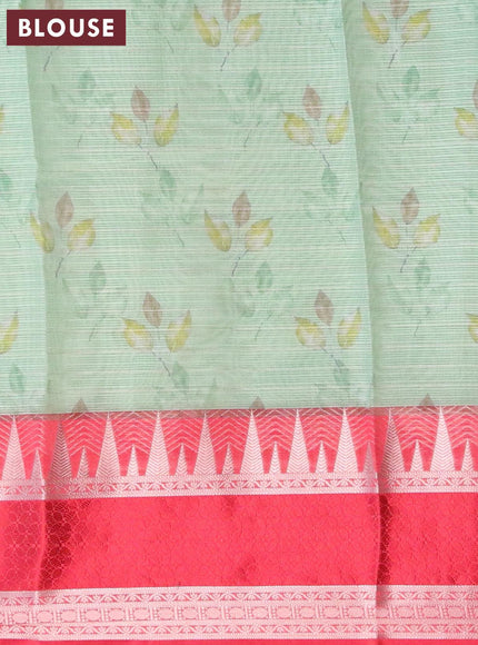 Banarasi kota saree teal green and red with floral digital prints & silver zari stripes pattern and temple design rettapet silver zari woven border