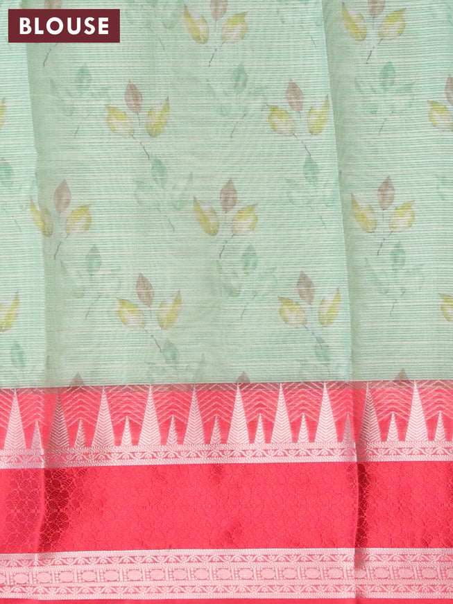 Banarasi kota saree teal green and red with floral digital prints & silver zari stripes pattern and temple design rettapet silver zari woven border