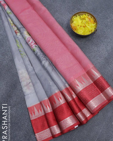 Banarasi kota saree grey and maroon with floral digital prints and temple design rettapet zari woven border