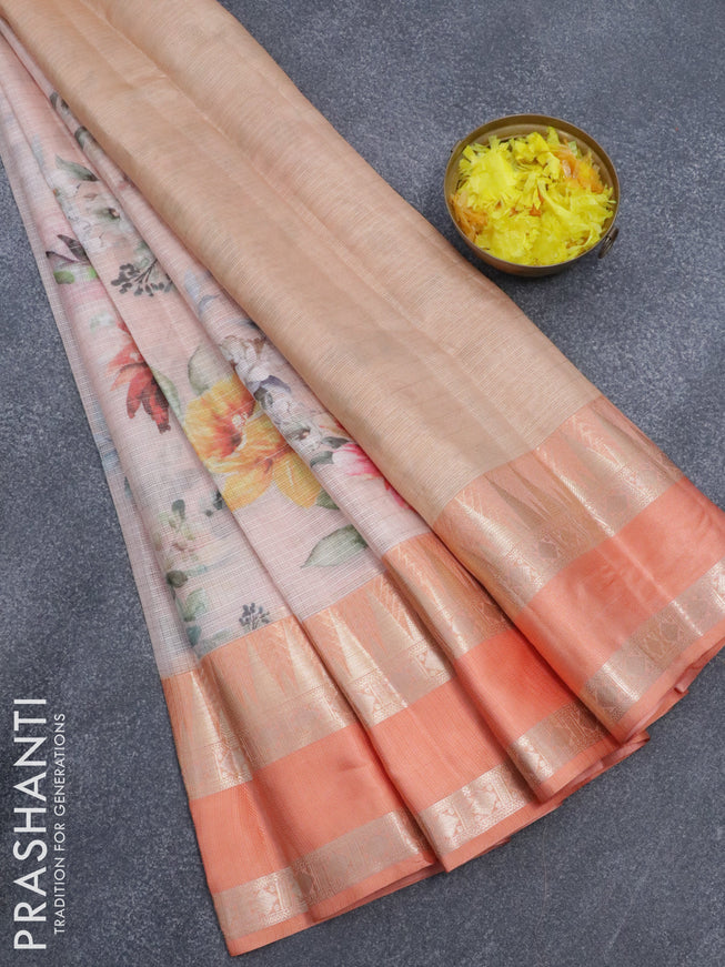 Banarasi kota saree peach shade and peach orange with floral digital prints and rettapet zari woven border