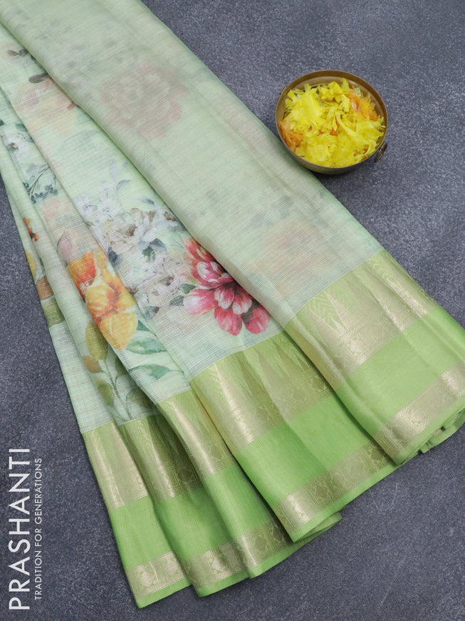 Banarasi kota saree pista green and light green with floral digital prints and temple design rettapet zari woven border