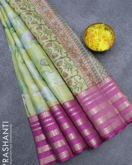 Banarasi kota saree lime green and purple with floral digital prints & zari stripes pattern and zari woven border