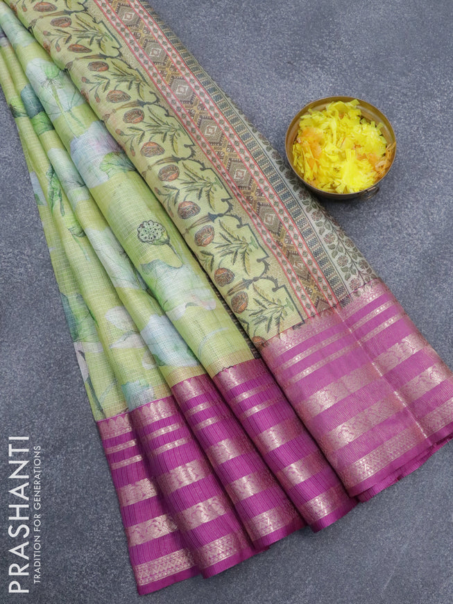 Banarasi kota saree lime green and purple with floral digital prints & zari stripes pattern and zari woven border