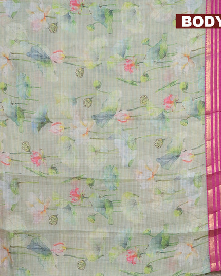 Banarasi kota saree pastel green and purple with floral digital prints & zari stripes pattern and zari woven border