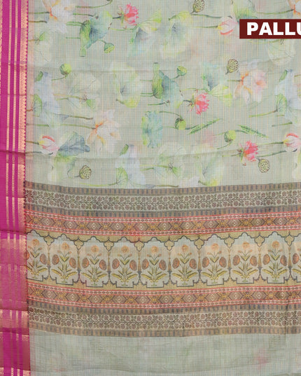 Banarasi kota saree pastel green and purple with floral digital prints & zari stripes pattern and zari woven border