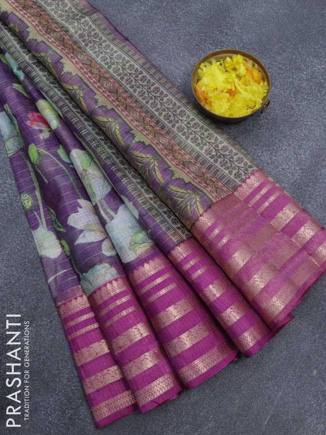 Banarasi kota saree violet and purple with floral digital prints & zari stripes pattern and zari woven border