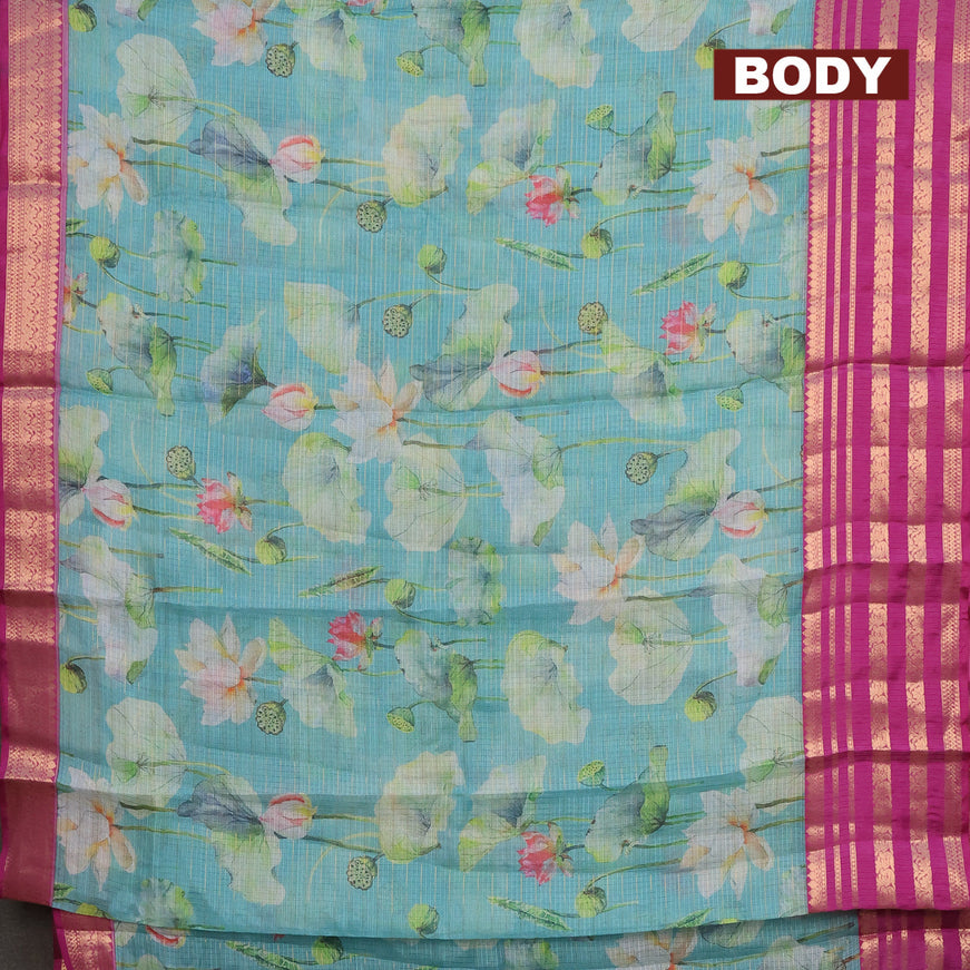 Banarasi kota saree teal blue and purple with floral digital prints & zari stripes pattern and zari woven border