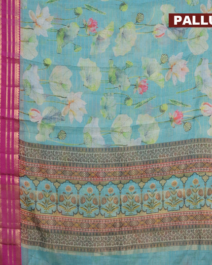 Banarasi kota saree teal blue and purple with floral digital prints & zari stripes pattern and zari woven border