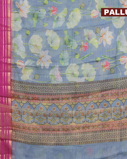 Banarasi kota saree bluish grey and purple with floral digital prints & zari stripes pattern and zari woven border
