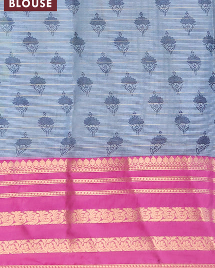 Banarasi kota saree bluish grey and purple with floral digital prints & zari stripes pattern and zari woven border