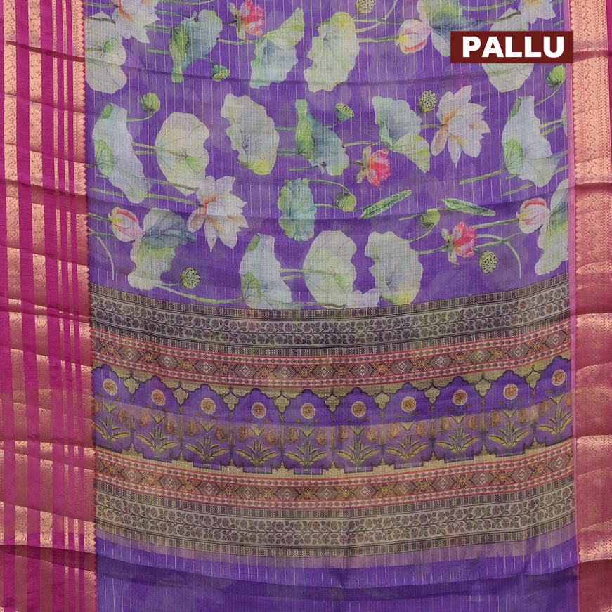 Banarasi kota saree violet and purple with floral digital prints & zari stripes pattern and zari woven border