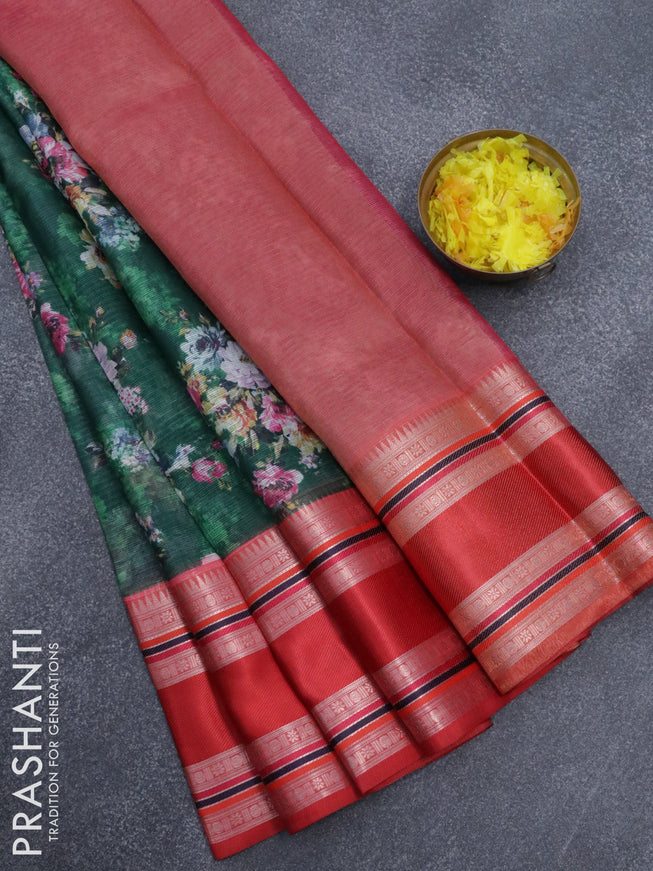 Banarasi kota saree green and red with floral digital prints and temple design rettapet zari woven border