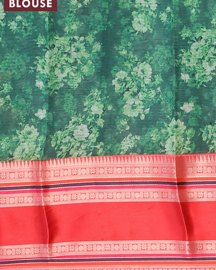 Banarasi kota saree green and red with floral digital prints and temple design rettapet zari woven border