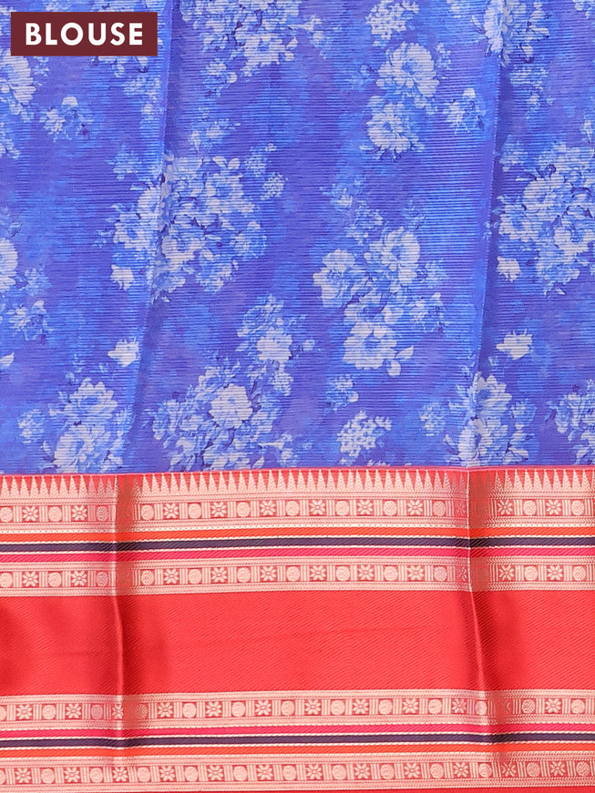 Banarasi kota saree blue and red with floral digital prints and temple design rettapet zari woven border
