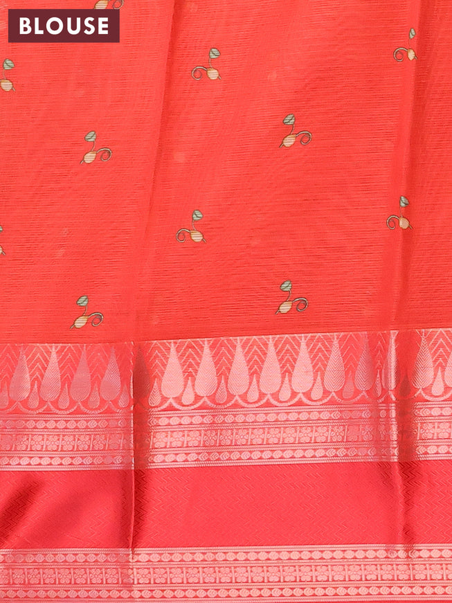 Banarasi kota saree pastel green and red with pichwai digital prints and rettapet zari woven border