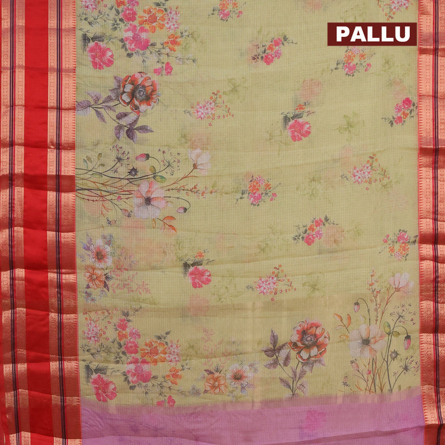 Banarasi kota saree pale yellow and red with floral digital prints and rettapet zari woven border