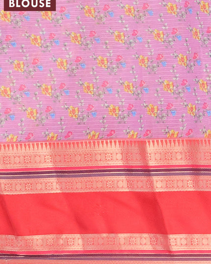 Banarasi kota saree pale yellow and red with floral digital prints and rettapet zari woven border