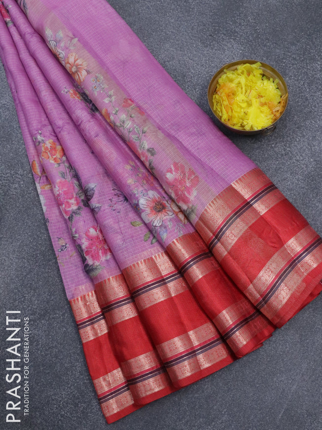 Banarasi kota saree light pink and red with floral digital prints and rettapet zari woven border