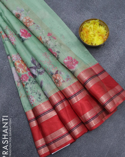 Banarasi kota saree light green and red with floral digital prints and rettapet zari woven border