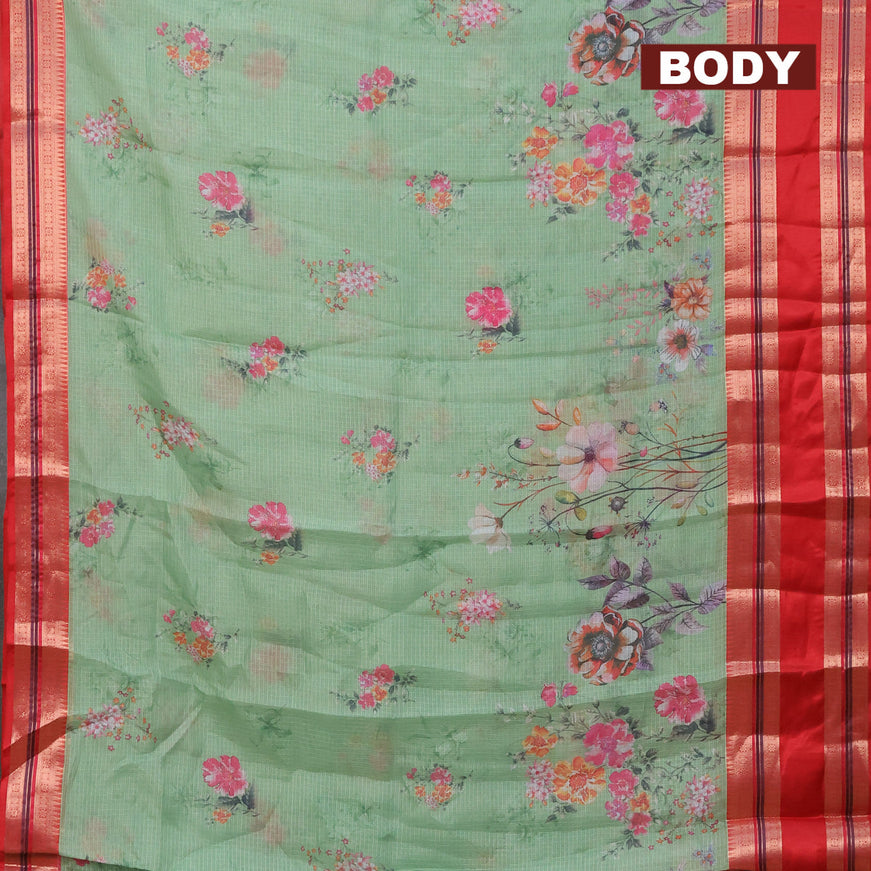Banarasi kota saree light green and red with floral digital prints and rettapet zari woven border