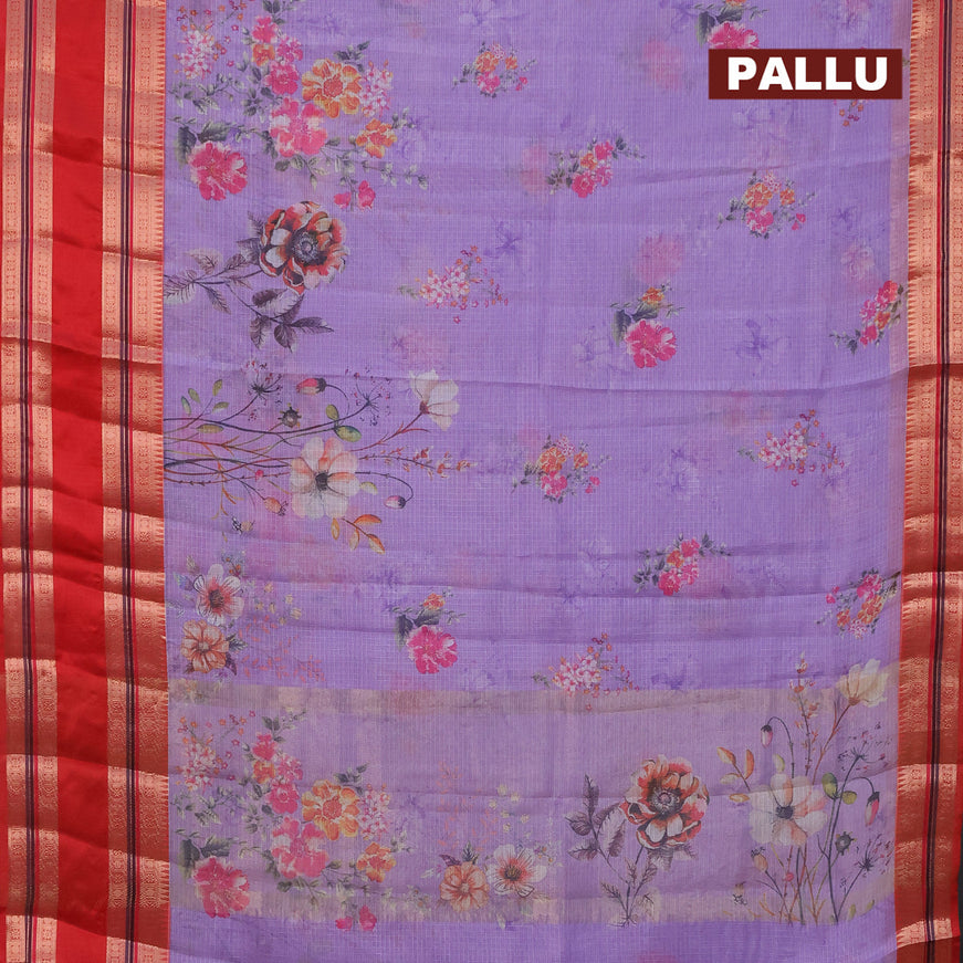 Banarasi kota saree lavender shade and red with floral digital prints and rettapet zari woven border