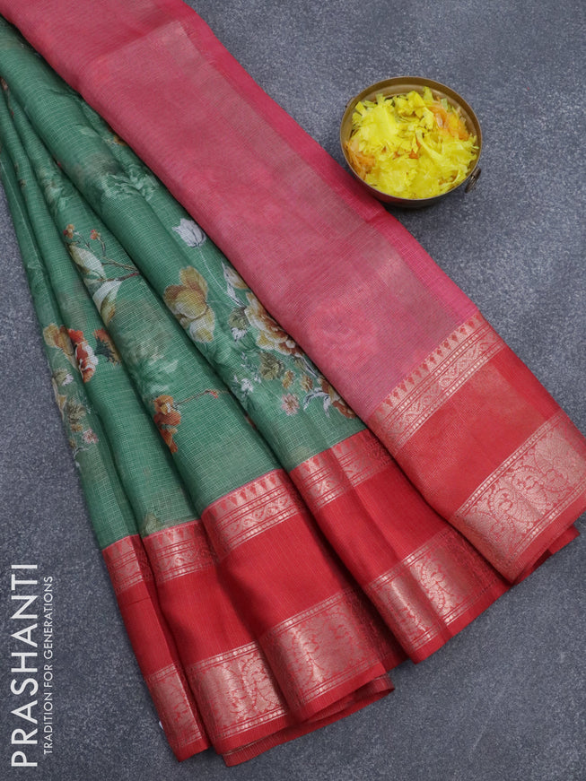 Banarasi kota saree green and red with floral digital prints and rettapet zari woven border