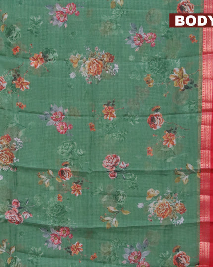 Banarasi kota saree green and red with floral digital prints and rettapet zari woven border