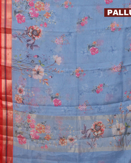 Banarasi kota saree bluish grey and red with floral digital prints and rettapet zari woven border