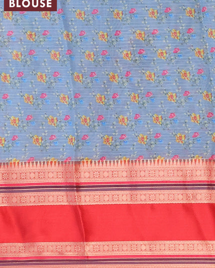 Banarasi kota saree bluish grey and red with floral digital prints and rettapet zari woven border