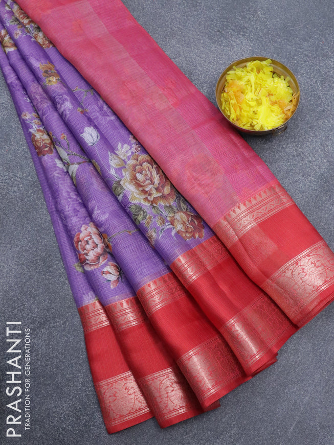 Banarasi kota saree violet and red with floral digital prints and rettapet zari woven border