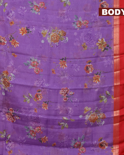 Banarasi kota saree violet and red with floral digital prints and rettapet zari woven border