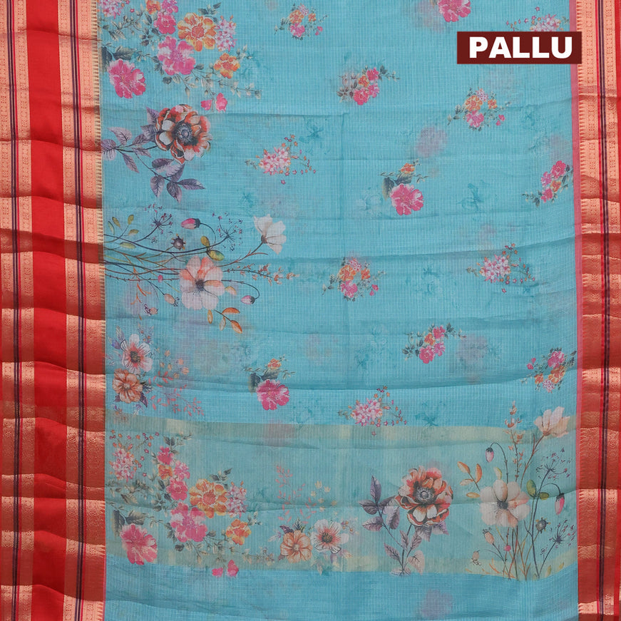Banarasi kota saree teal blue and red with floral digital prints and rettapet zari woven border