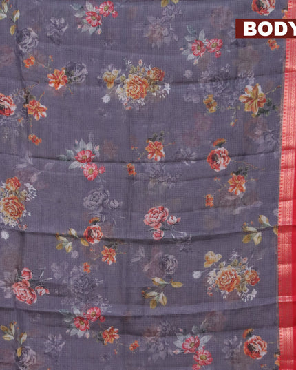 Banarasi kota saree grey and red with floral digital prints and rettapet zari woven border
