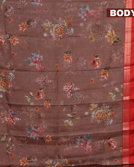 Banarasi kota saree dark brown and red with floral digital prints and rettapet zari woven border