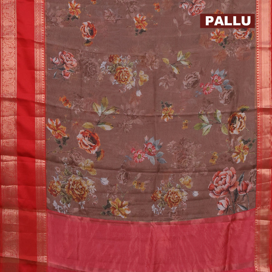 Banarasi kota saree dark brown and red with floral digital prints and rettapet zari woven border