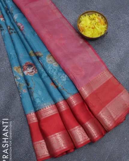 Banarasi kota saree blue and red with floral digital prints and rettapet zari woven border